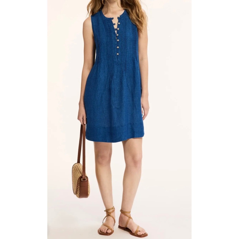 Faherty Women Isha Linen Mini Dress Large Pintuck Detail Basketweave Blue Preppy
